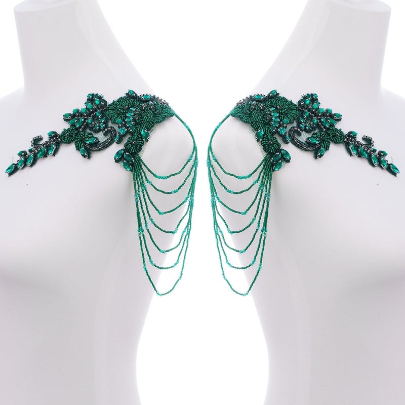 amusediy Green Pair Beaded Rhinestones Applique Embellishment for Clothes,Epaulettes Shoulder Patches Sew-on Diamond Sequin Applique for Wedding Dress DIY Accessories - Image 2